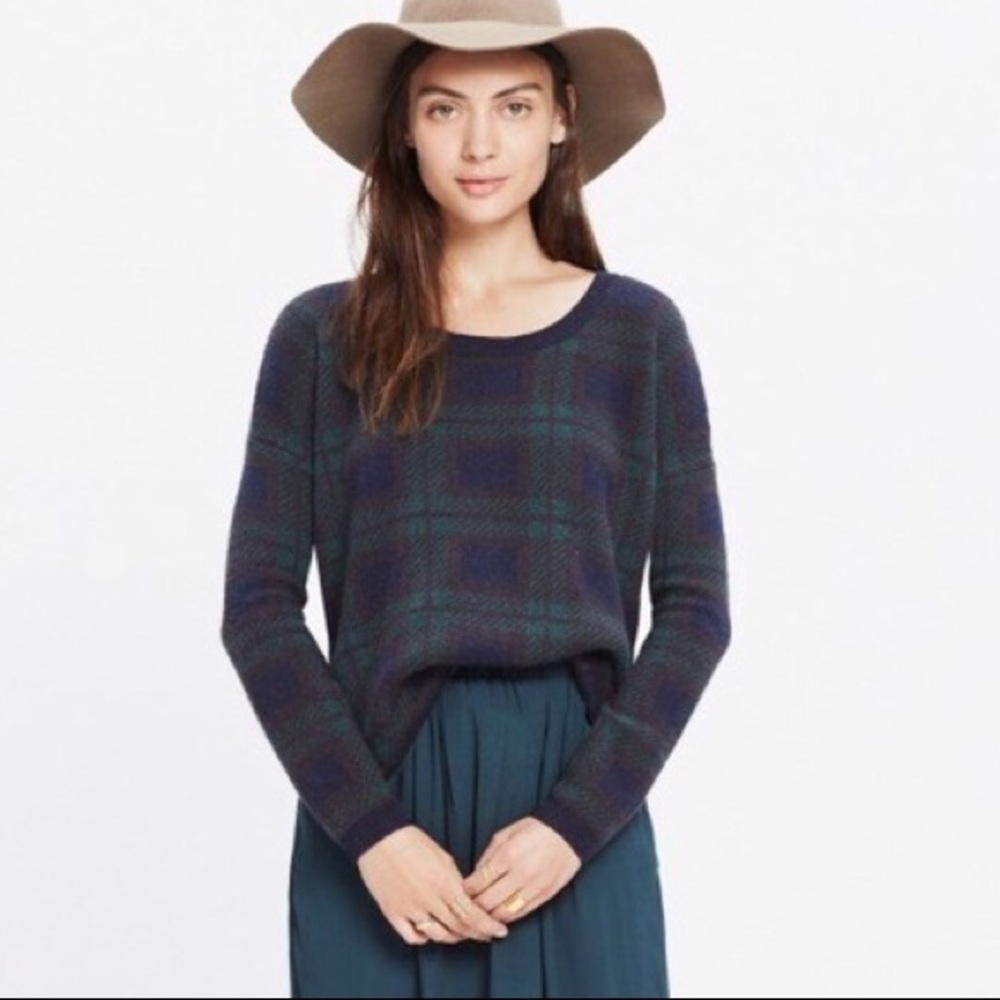 Navy blue and green plaid sweater